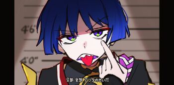 1boy :p akanbe armor black_bodysuit black_border black_kimono blue_hair blunt_ends bodysuit border eyelid_pull finger_to_eye genshin_impact gold height_chart height_mark index_finger_raised japanese_armor japanese_clothes jewelry juban kimono kote kurokote male_focus mugshot neck_ring nina1127 parody_request pillarboxed portrait purple_eyes purple_mouth purple_rope red_kimono rope scaramouche_(genshin_impact) sharp_teeth shimenawa shoulder_peek single_sode sketch solo teeth tongue tongue_out tsurime white_kimono white_rope wispy_bangs