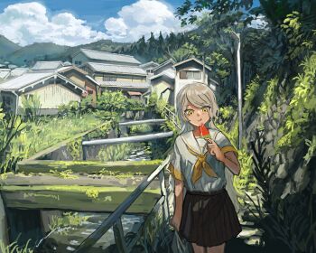 1girl absurdres anko1127 blonde_hair blue_sky brown_skirt canal cloud commentary_request commission day food fruit grass highres holding holding_food holding_fruit holding_watermelon lamppost licking_lips long_hair mountainous_horizon neckerchief original pleated_skirt power_lines rural scenery school_uniform serafuku skeb_commission skirt sky tongue tongue_out town tree village watermelon watermelon_slice yellow_eyes yellow_neckerchief
