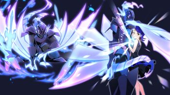 1boy 1girl alternate_form arm_blade armor arms_at_sides bare_shoulders black_dress blue_background braid breastplate brown_hair ceruledge claws colored_skin commentary_request dragon_claw dragon_tail dragon_wings dress facing_another fighting_stance fire glowing glowing_eyes glowing_sword glowing_weapon hand_on_ground highres hitodama holding holding_poke_ball holding_tera_orb juliana_(pokemon) leaning_on_person leg_armor light_rays looking_to_the_side multiple_views nintendo pauldrons planted planted_sword planted_weapon plume poke_ball pokemon pokemon_(creature) pokemon_sv purple_armor purple_skin shoulder_armor side_braid sword tail tera_orb terastallization tom_(leciel2010) turning_head weapon wings