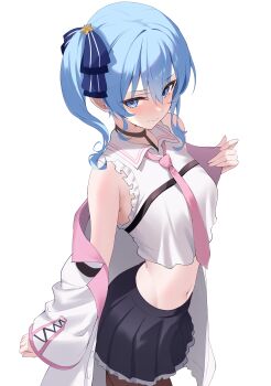 1girl absurdres asymmetrical_sidelocks black_choker black_pantyhose black_skirt blue_eyes blue_hair blue_ribbon blush choker closed_mouth coat coat_partially_removed collared_shirt cosplay cropped_shirt cross-laced_clothes cross-laced_sleeves double-parted_bangs fawny frilled_coat frilled_shirt frilled_skirt frills hair_between_eyes hair_ribbon hakui_koyori hakui_koyori_(1st_costume) hakui_koyori_(cosplay) highres hololive hoshimachi_suisei lab_coat lapels long_sleeves looking_at_viewer loose_necktie miniskirt navel necktie notched_lapels paid_reward_available pantyhose pink_necktie pleated_skirt ribbon shirt short_hair side_ponytail sidelocks simple_background skirt sleeveless sleeveless_shirt solo star_(symbol) star_in_eye symbol_in_eye virtual_youtuber wavy_hair white_background white_coat white_shirt