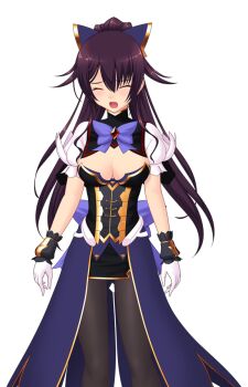 Rule 34 | 1girl, :o, black pantyhose, blush, bow, breasts, cleavage, closed eyes, game cg, genseishinki sacred virth, gloves, hair bow, hair ornament, large variant set, long hair, magical girl, medium breasts, non-web source, official art, open mouth, pantyhose, ponytail, purple hair, sacred noire, self-datamine, solo, transparent background, variant set, white gloves, yuugure pairo, yuuki setsu