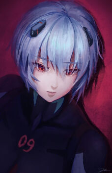 1girl absurdres ayanami_rei black_bodysuit blue_hair bodysuit choppy_bangs closed_mouth commentary_request dai_(maku57979607) expressionless facing_viewer hair_between_eyes hair_ornament highres looking_down mecha_pilot_suit neon_genesis_evangelion plugsuit_(evangelion) procreate_(medium) red_background red_eyes short_hair signature solo upper_body
