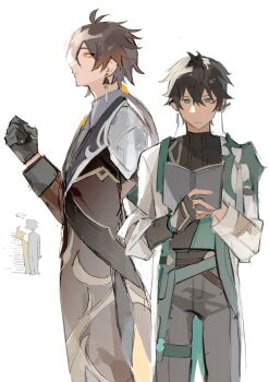 ... 4boys aether_(genshin_impact) antenna_hair aqua_coat aqua_eyes arm_behind_back armor black_gloves black_hair black_pants black_shirt blonde_hair book brown_hair brown_jacket caelus_(honkai:_star_rail) chinese_clothes clenched_hand closed_mouth coat collared_shirt company_connection covered_collarbone cowboy_shot crossover dan_heng_(honkai:_star_rail) dan_heng_(hunt)_(honkai:_star_rail) earclip earrings eyeliner eyeshadow fingerless_gloves fingernails from_side gem genshin_impact gloves gradient_hair grey_hair grey_necktie grey_pants grey_shirt hair_between_eyes hair_ornament half-closed_eyes hand_up hands_up highres holding holding_book honkai:_star_rail honkai_(series) jacket jewelry judyfang5 lapels long_hair long_sleeves looking_at_object looking_down looking_up low_ponytail makeup male_focus mihoyo multicolored_hair multiple_boys necktie no_eyes open_book open_clothes open_coat orange_eyes orange_gemstone orange_hair pants pendant ponytail reading red_eyeliner red_eyeshadow shirt short_hair shoulder_armor simple_background single_earring single_glove speech_bubble spoken_ellipsis standing tassel tassel_earrings thigh_strap trailblazer_(honkai:_star_rail) two-sided_coat two-sided_fabric white_background white_coat zhongli_(genshin_impact)