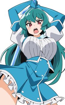 aqua_hair breasts choppy_bangs commentary_request cowboy_shot dress floating_clothes frilled_dress frills from_below gen_3_pokemon highres holding holding_sword holding_weapon large_breasts long_hair looking_at_viewer magia_azure mahou_shoujo_ni_akogarete minakami_sayo miniskirt noyama_takenoko open_mouth red_eyes shirt simple_background skirt skitty sword teeth thighs upper_body upper_teeth_only weapon white_background white_shirt