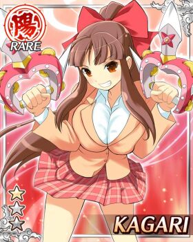 1girl blunt_bangs breasts card_(medium) dual_wielding game_cg grin hair_ribbon high_ponytail holding instrument jacket kagari_(senran_kagura) knife large_breasts long_hair non-web_source official_alternate_costume official_art orange_jacket ponytail red_eyes red_hair red_ribbon red_skirt ribbon senran_kagura senran_kagura_new_wave shirt sidelocks skirt smile solo tambourine weaponized_instrument white_shirt