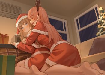 2girls bang_dream! bang_dream!_it's_mygo!!!!! barefoot bite_mark bite_mark_on_shoulder blue_eyes breasts brown_hair capelet chihaya_anon christmas_tree commentary fake_antlers fang feet hat hug hug_from_behind kotatsu long_hair medium_breasts milktea_(gggrrr2000) multiple_girls nagasaki_soyo open_mouth pink_hair red_capelet santa_hat skin_fang soles table yuri