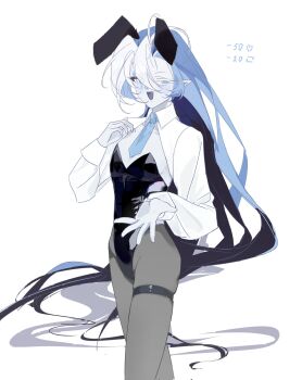 1boy blue_eyes blue_skin colored_skin cookie_run cookie_run:_kingdom highres humanization jewelry long_hair long_sleeves looking_at_viewer male_focus playboy_bunny shadow_milk_cookie simple_background smile solo white_hair yukaru_00