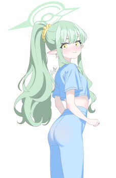 1girl absurdres blue_archive elf green_hair highres hikari_(blue_archive) long_pointy_ears pointy_ears runarie simple_background yellow_eyes