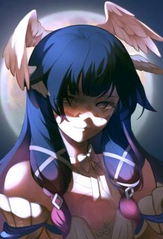 1girl angel_wings bare_shoulders blunt_bangs blurry blurry_background bow close-up closed_mouth columbina_(genshin_impact) commentary detached_sleeves dress english_commentary false_smile feathered_wings frilled_dress frilled_sleeves frills full_moon genshin_impact gradient_hair hair_ribbon head_tilt head_wings highres koririkou long_hair looking_at_viewer looking_to_the_side moon multicolored_eyes multicolored_hair night night_sky outdoors purple_eyes ribbon shade sidelocks sky smile smug solo upper_body white_wings wings
