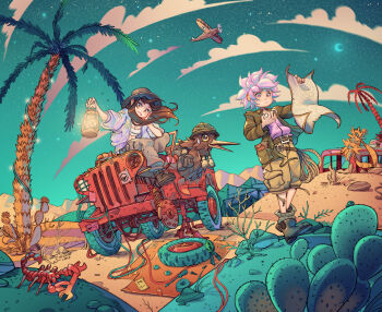 1boy 1girl aircraft airplane artist_name belt binoculars biplane bird bolt_(hardware) book boots breasts brown_boots brown_coat brown_hair brown_shorts cactus car car_jack cleavage cloud coat commentary crescent_moon crop_top dated flat_tire floating_hair grey_pants hand_on_own_cheek hand_on_own_face holding holding_compass holding_lantern holding_map kiwi_(bird) lantern long_hair looking_at_map map moon motor_vehicle mountainous_horizon multicolored_coat multiple_belts nut_(hardware) on_car original outdoors palm_tree pants pink_eyes pink_hair pink_shirt pliers red_car rock rope pith_helmet scorpion screwdriver shirt short_hair shorts simz sitting sky snake socks sports_utility_vehicle standing star_(sky) starry_sky tent tree white_shirt wrench