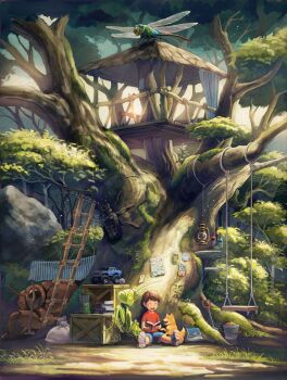 1boy absurdres beetle blender_(object) book bottle brown_hair bucket bug child dog dragonfly giant_insect highres insect ladder lantern male_focus mantis open_book outdoors praying_mantis reading sanohi_kk shorts shovel swing tree treehouse worktool