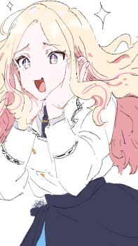 +_+ 1girl blazer blonde_hair blue_overskirt blue_skirt gakuen_idolmaster hands_on_own_cheeks hands_on_own_face hatsuboshi_gakuen_school_uniform highres idolmaster jacket juo_sena kasasagi_(futagodori888) long_hair looking_ahead school_uniform simple_background skirt solo very_long_hair white_background white_jacket