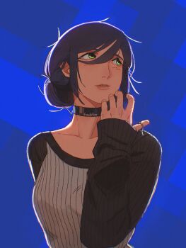 1girl black_choker black_sweater blue_background chainsaw_man choker freakifier green_eyes grey_sweater hair_between_eyes hair_bun highres medium_hair purple_hair reze_(chainsaw_man) solo sweater two-tone_sweater