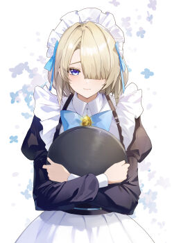 1boy absurdres alternate_costume apron black_dress blonde_hair blue_bow blue_eyes blush bow commentary_request crossdressing crossdressing_(mtf) crossed_arms dress enmaided freckles freminet_(genshin_impact) gem genshin_impact hair_bow hair_over_one_eye highres holding holding_tray jira_(0116) light_smile long_hair looking_at_viewer maid maid_apron maid_headdress male_focus male_maid revision solo trap tray upper_body white_apron white_background yellow_gem