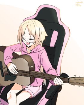 Rule 34 | 1girl, acoustic guitar, alt text, blonde hair, chair, collarbone, commentary request, crossed legs, dated, feet out of frame, gaming chair, gradient background, guitar, highres, hood, hood down, hoodie, instrument, kanduki kamibukuro, link! like! love live!, long hair, love live!, music, on chair, osawa rurino, pink hoodie, pink shorts, playing guitar, playing instrument, shorts, simple background, sitting, solo, swivel chair, virtual youtuber