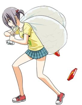 1girl blush breasts collarbone green_eyes hata_kenjirou hayate_no_gotoku! legs nishizawa_ayumu purple_hair shirt shoes short_hair short_twintails skirt solo t-shirt trash_bag twintails