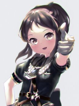 1girl black_hair blush captaintcher gloves grey_eyes highres idol_clothes idolmaster idolmaster_cinderella_girls idolmaster_cinderella_girls_starlight_stage pointing pointing_at_viewer smile solo tachibana_arisu upper_body