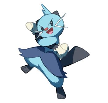 :d animal_focus blue_eyes blue_fur commentary_request dewott fang full_body gen_5_pokemon korean_commentary looking_at_viewer nintendo no_humans open_mouth pokemon pokemon_(creature) pokemon_focus sach56000 shell simple_background smile solo standing two-tone_fur whiskers