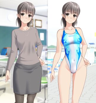 1girl absurdres blue_one-piece_swimsuit breasts brown_eyes brown_hair classroom closed_mouth clothes_writing commentary_request competition_swimsuit covered_navel highleg highleg_one-piece_swimsuit highres indoors jewelry looking_at_viewer mature_female multicolored_swimsuit necklace one-piece_swimsuit original outdoors paid_reward_available pantyhose ponytail pool smile solo sweater swimsuit takafumi teacher white_one-piece_swimsuit