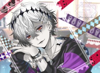 1boy alternate_costume aogiyuki armlet bracelet crown hair_ornament highres jewelry long_sleeves looking_at_viewer male_focus necklace short_hair skully_j._graves smile solo tattoo the_nightmare_before_christmas twisted_wonderland white_hair