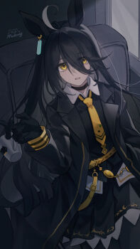 1girl absurdres ahoge animal_ears animal_print artist_name belt black_choker black_coat black_gloves black_hair black_shirt black_skirt black_vest cat_print chair choker coat coffee_mug collared_shirt commentary_request couch cup ear_ornament ear_tag earrings english_text engrish_text expressionless gloves hair_between_eyes hand_up hem_peeking_out highres holding holding_cup horse_ears horse_girl horse_tail indoors jewelry long_bangs long_hair long_hair_between_eyes long_sleeves looking_at_viewer makong6593 manhattan_cafe_(creeping_black)_(umamusume) manhattan_cafe_(umamusume) mug multicolored_hair necktie on_couch open_clothes open_coat parted_lips pleated_skirt ranguage shirt signature single_earring sitting skirt solo tail umamusume very_long_hair vest white_hair white_shirt window yellow_belt yellow_eyes yellow_necktie