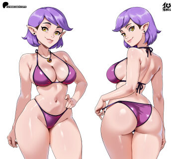 1girl absurdres amity_blight artist_name bikini breasts closed_mouth commentary cowboy_shot earrings from_behind grin hand_on_own_hip highres jewelry kyoffie large_breasts looking_back multiple_views navel necklace paid_reward_available patreon_logo patreon_username pointy_ears pulling_own_clothes purple_eyes purple_hair simple_background smile string_bikini swimsuit the_owl_house white_background yellow_eyes