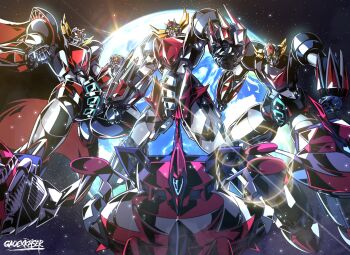 cape clenched_hands earth_(planet) gao_ex_kaiser glowing grendizer grendizer_(grendizer_u) grendizer_giga grendizer_giga_(mecha) grendizer_u highres horns in_orbit looking_at_viewer mazinger_(series) mecha mecha_focus no_humans planet robot science_fiction space spazer super_robot ufo_robo_grendizer yellow_eyes