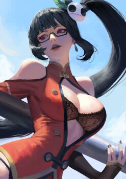 1girl arc_system_works bare_shoulders black_bra black_hair blazblue blazblue:_central_fiction bo_staff bra breasts china_dress chinese_clothes cleavage cleavage_cutout clothing_cutout dress from_below glasses hair_ornament highres holding holding_behind_back holding_polearm holding_polearm_behind_back holding_weapon holding_weapon_behind_back large_breasts lips litchi_faye_ling long_hair looking_to_the_side open_clothes panda_hair_ornament phamoz polearm ponytail purple_eyes red_dress semi-rimless_eyewear sky solo underwear upper_body weapon