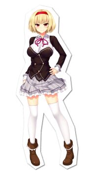 Rule 34 | 1girl, black jacket, blonde hair, blush, breasts, brown shoes, buttons, closed mouth, collared shirt, full body, grey skirt, hairband, hand on own hip, highres, jacket, large breasts, long sleeves, looking at viewer, lucia of end, neck ribbon, nora to oujo to noraneko heart, official art, oozora itsuki, pleated skirt, red eyes, red hairband, red ribbon, ribbon, school uniform, shirt, shoes, short hair, simple background, skirt, smile, solo, standing, tachi-e, thighhighs, transparent background, v-shaped eyebrows, white shirt, white thighhighs, wing collar, zettai ryouiki