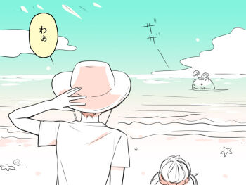 1boy 1girl akira_(nyanko_daisensou) beach cat_(nyanko_daisensou) cat_island_(nyanko_daisensou) cloud cloudy_sky elico_nya from_behind hair_bun hair_ornament hair_scrunchie hand_on_headwear hand_on_own_hat hat nyanko_daisensou scrunchie seashell seaside sharpshooter_saki_(nyanko_daisensou) shell shirt short_hair sky speech_bubble starfish sun_hat t-shirt translated white_shirt