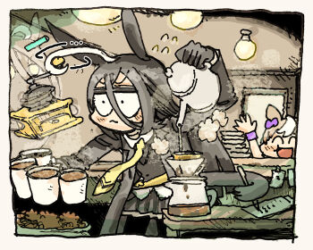 2girls ahoge animal_ears black_coat black_hair black_pantyhose black_skirt blunt_bangs bow cafe coat coffee coffee_filter coffee_grinder coffee_mug coffee_pot collared_shirt commentary_request cup ear_bow flying_sweatdrops hair_between_eyes holding holding_cup horse_ears horse_girl huge_ahoge indoors long_bangs long_hair manhattan_cafe_(umamusume) medium_request morisshii_(morishiey) mug multicolored_hair multiple_girls necktie open_clothes open_coat pantyhose pouring prehensile_hair prehensile_tail purple_bow purple_wrist_cuffs shirt skirt special_week_(umamusume) steam tail traditional_media two-tone_hair umamusume very_long_hair waving white_hair white_shirt wrist_cuffs writing yellow_necktie