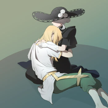 1boy 1girl black_dress black_hat blonde_hair closed_mouth cogita_(pokemon) commentary_request dress gloves green_pants grey_hair hair_bun hat highres hug long_hair nintendo pants pokemon pokemon_legends:_arceus sad single_hair_bun volo_(pokemon) white_gloves yuushi_(10yusi01)