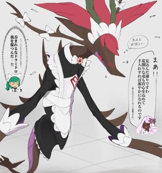 2girls apron black_dress blush bow bowtie chibi clothed_pokemon commentary_request dragalge dress flying_sweatdrops gen_6_pokemon highres jacinthe_(pokemon) lebanne_(pokemon) liend_(shiki_dr) looking_down multiple_girls nintendo pokemon pokemon_(creature) pokemon_legends:_z-a speech_bubble thought_bubble tile_floor tiles translation_request venus_symbol white_apron white_bow white_bowtie