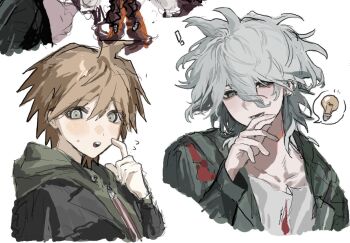 Rule 34 | !, 2boys, :d, ahoge, brown hair, collarbone, danganronpa: trigger happy havoc, danganronpa (series), danganronpa 2: goodbye despair, flying sweatdrops, green jacket, grey shirt, hand up, jacket, komaeda nagito, light bulb, male focus, multiple boys, naegi makoto, open clothes, open jacket, open mouth, portrait, print shirt, shirt, shujitsu 55, smile, spoken light bulb