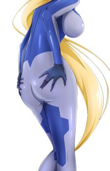 Rule 34 | 1girl, absurdres, ass, blonde hair, blue bodysuit, bodysuit, breasts, commission, deep skin, fate testarossa, from behind, grabbing own ass, head out of frame, highres, large breasts, long hair, lyrical nanoha, mahou shoujo lyrical nanoha, numbers&#039; uniform, numbers (nanoha), oshimaru026, pixiv commission, ponytail, simple background, skin tight, solo, transparent background, variant set, very long hair, white background