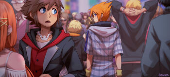 6+boys 6+girls arms_behind_head bito_daisukenojo black_hoodie blonde_hair blue_eyes brown_hair crossover crowd crown_necklace furesawa_tosai hoodie jacket kanade_rindo kingdom_hearts kingdom_hearts_iv looking_at_another looking_back looking_to_the_side multicolored_hair multiple_boys multiple_girls open_mouth orange_hair plaid_clothes plaid_jacket purple_hair red_hoodie sakuraba_neku shin_subarashiki_kono_sekai sora_(kingdom_hearts) spiked_hair strelitzia_(kingdom_hearts) subarashiki_kono_sekai sweatband two-tone_hair usui_nagi