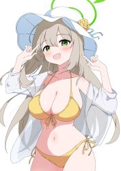 Rule 34 | 1girl, absurdres, bikini, blue archive, breasts, cleavage, flower, front-tie bikini top, front-tie top, green eyes, green halo, halo, hat, hat flower, highres, index fingers raised, large breasts, light brown hair, long hair, looking at viewer, nonomi (blue archive), nonomi (swimsuit) (blue archive), official alternate costume, side-tie bikini bottom, simple background, smile, solo, sun hat, swimsuit, white background, white hat, yellow bikini, yukin (yukin8210)