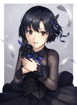 1girl black_dress black_hair blush bow bowtie brown_eyes dress feathers hair_ribbon hands_on_own_chest highres idolmaster idolmaster_cinderella_girls kouzuki_kei looking_at_viewer open_mouth own_hands_together ribbon see-through_clothes shiragiku_hotaru short_hair smile solo upper_body