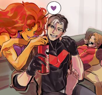 1girl arsenal_(dc) bat_signal batman_(series) batman_symbol bewarebbpower black_bodysuit black_gloves black_hair blue_eyes bodysuit breasts brown_jacket colored_sclera colored_skin dc_comics gloves green_eyes green_sclera grey_bodysuit highres jacket jason_todd large_breasts long_hair multicolored_bodysuit multicolored_hair multiple_boys muscular muscular_male open_clothes orange_skin pants red_hair red_hood_(dc) red_hood_and_the_outlaws short_hair smile starfire superhero_costume tamaranean taut_bodysuit two-tone_bodysuit two-tone_hair white_hair