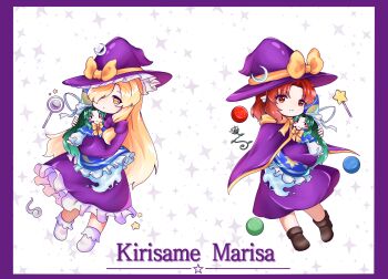 2girls absurdres boots bow bowtie brown_boots cape character_doll character_name chinese_commentary commentary_request crescent crescent_hat_ornament doll dress flower frilled_dress frills full_body gloves hair_bow hair_over_one_eye hat hat_bow hat_ornament highres hugging_doll hugging_object kirisame_marisa kirisame_marisa_(pc-98) long_hair long_sleeves looking_at_viewer medium_hair mima_(touhou) multiple_girls phantasmagoria_of_dim.dream pointy_ears purple_bow purple_cape purple_dress purple_hat red_cape red_eyes red_hair simple_background smile star_(symbol) story_of_eastern_wonderland touhou touhou_(pc-98) two-tone_cape very_long_hair wand white_background white_gloves wide_sleeves witch_hat wu_yu_wanwan yellow_bow yellow_bowtie