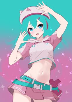 1girl absurdres animal_hat aqua_belt aqua_hair arm_up belt blending blue_eyes blush breasts cat_hat commentary_request cowboy_shot cropped_hoodie dot_nose fortnite futatunoniji gradient_background gradient_hair groin hair_ornament hairclip hand_up hat hatsune_miku headset highres hood hoodie looking_at_viewer medium_breasts megaphone multicolored_hair navel neko_hatsune_miku open_mouth parallel_hairclips pink_hair pink_hoodie pink_skirt pleated_skirt short_sleeves skirt solo sparkle stomach two-tone_hair two-tone_hoodie vocaloid white_hat white_hoodie