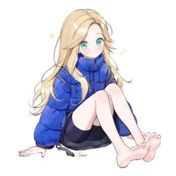 1girl barefoot bike_shorts black_shorts blonde_hair blue_eyes blue_jacket blush closed_mouth commentary commentary_request diana_(pragmata) drawstring english_commentary full_body highres jacket knees_up long_hair long_sleeves looking_at_viewer nami_(nyaa) parted_bangs pragmata puffy_long_sleeves puffy_sleeves shorts signature simple_background sitting smile solo very_long_hair white_background