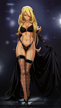 1girl absurdres bare_shoulders black_bra black_cape black_gloves black_panties black_thighhighs blonde_hair bra breasts cape catwalk_(modeling) cleavage closed_mouth collarbone commentary cynthia_(pokemon) elbow_gloves english_commentary gem gloves grate grey_eyes hair_ornament hair_over_one_eye high_heels highres incredibly_absurdres lace lace_bra lace_panties lace_trim large_breasts lingerie long_hair looking_at_viewer navel nintendo panties pearl_(gemstone) pokemon pokemon_dppt smile solo sparkle stomach thighhighs underwear very_long_hair vivivoovoo