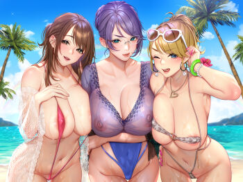 3girls ;q areola_slip asymmetrical_docking bare_shoulders beach bikini blonde_hair blue_bikini blue_eyes blue_sky blush bracelet breast_press breasts brown_eyes brown_hair cleavage cloud collarbone covered_erect_nipples covered_navel day earrings eyelashes eyepatch_bikini eyewear_on_head fingernails flower fringe_trim glasses green_eyes grey_bikini groin hair_bun half-closed_eyes halterneck heart heart_necklace hibiscus highleg highleg_bikini highres hoop_earrings horizon huge_breasts jewelry large_breasts licking_lips long_fingernails long_hair looking_at_viewer masami_chie mature_female micro_bikini multiple_girls nail_polish navel necklace non-web_source o-ring o-ring_bikini o-ring_top ocean one_eye_closed original outdoors palm_tree parted_lips pink_nails ponytail purple_hair red_bikini red_flower rimless_eyewear sand see-through_clothes sideboob sidelocks single_hair_bun sky slingshot_swimsuit smile stomach string_bikini sunglasses sweat swimsuit take_your_pick tongue tongue_out tree water wet