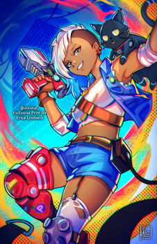 1girl 808_(hi-fi_rush) absurdres alina_l animal animal_on_shoulder aqua_hair asymmetrical_hair badge belt belt_pouch blonde_hair blue_jacket breasts brown_gloves brown_hair button_badge cat cat_on_shoulder commentary commission commissioner_name crop_top cropped_jacket dark-skinned_female dark_skin ear_piercing english_commentary english_text eyebrow_cut eyelashes fingerless_gloves fire gloves hi-fi_rush highres holding holding_weapon jacket mechanical_legs midriff mixed-language_commentary multicolored_hair non-humanoid_robot open_clothes open_jacket peppermint_(hi-fi_rush) piercing pouch robot robot_animal robot_cat screwdriver shirt sidecut single_mechanical_leg smile teeth thighhighs torn_clothes torn_jacket torn_thighhighs twitter_username undercut weapon white_shirt white_thighhighs wrench yellow_eyes
