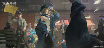 1girl :d arm_up armor bag bangle bench blonde_hair blue_coat blue_gemstone blue_neckerchief blue_pants bracelet brown_bag brume_(reverse:1999) coat copyright_name copyright_notice cowboy_shot flying_paper from_side gem green_hat hand_in_pocket hat highres holding holding_gem jewelry logo looking_at_object monster neckerchief necklace newsboy_cap off_shoulder official_art official_wallpaper open_mouth outdoors pants paper park_bench people profile reverse:1999 road shoulder_armor shoulder_bag single_bare_shoulder smile solo_focus street tank_top walking white_tank_top yellow_eyes