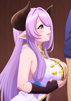 1boy 1girl bare_shoulders black_gloves blue_eyes breasts brown_horns clothed_paizuri clothed_sex erection fingerless_gloves from_side gloves gold_trim gran_(granblue_fantasy) granblue_fantasy hetero highres himiyatoharu horns large_breasts light_blush long_hair long_sidelocks looking_at_another narmaya_(granblue_fantasy) open_mouth paizuri parted_bangs penis perpendicular_paizuri pink_hair pointy_ears shirt sidelocks sleeveless sleeveless_shirt smile solo_focus straight_hair upper_body white_shirt wooden_wall