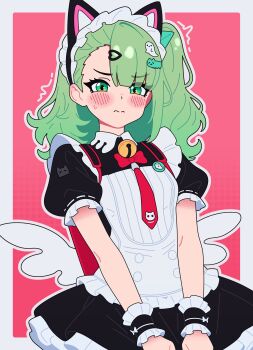 Rule 34 | 1girl, absurdres, animal ear hairband, animal ears, bag, bell, black dress, blush, cat ear hairband, cat ears, dress, embarrassed, fake animal ears, green eyes, green hair, hair ornament, hairband, heart, highres, looking at viewer, magikflaan, maid, maid headdress, multiple hair clips, neck bell, necktie, official alternate costume, pink background, red bag, red necktie, simple background, solo, sunna (afternoon tea break) (zenless zone zero), sunna (zenless zone zero), triangle hair ornament, upper body, white wings, winged bag, wings, zenless zone zero