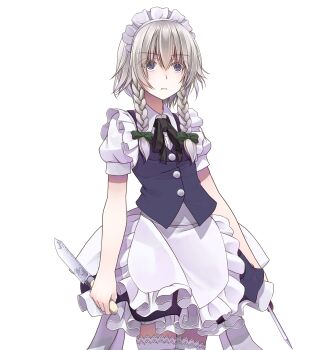 Rule 34 | 1girl, apron, arms at sides, black ribbon, blue eyes, blue skirt, blue vest, bow, braid, braided sidelocks, buttons, closed mouth, collared shirt, commentary request, cowboy shot, crote, frilled apron, frills, green bow, grey hair, hair between eyes, hair bow, highres, holding, holding knife, izayoi sakuya, knife, large variant set, layered skirt, maid, maid apron, maid headdress, medium skirt, neck ribbon, puffy short sleeves, puffy sleeves, ribbon, shirt, short hair, short sleeves, skirt, sleeve cuffs, solo, standing, tachi-e, thighhighs, touhou, transparent background, twin braids, variant set, vest, white apron, white headdress, white shirt, white thighhighs, wide-eyed, wing collar