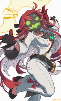 1girl absurdres ankh ankh_necklace ankh_print bbyong403 bell-bottoms belt belt_buckle black_footwear black_gloves blunt_ends bodysuit breasts broken_halo buckle cleavage collared_shirt colored_inner_hair commentary_request front_slit gloves glowing glowing_eyes green_eyes grey_mask guilty_gear guilty_gear_strive hair_between_eyes halo high_heels highres jack-o'_valentine jewelry korean_commentary long_hair long_sleeves looking_at_viewer mature_female medium_breasts messy_hair multicolored_hair open_belt open_mouth pants pendant plunging_neckline pumpkin_mask red_footwear red_gloves red_hair shirt shoulder_belt skin_tight skull_belt spiked_halo too_many too_many_belts two-tone_footwear two-tone_gloves two-tone_hair very_long_hair white_bodysuit white_hair white_pants white_shirt